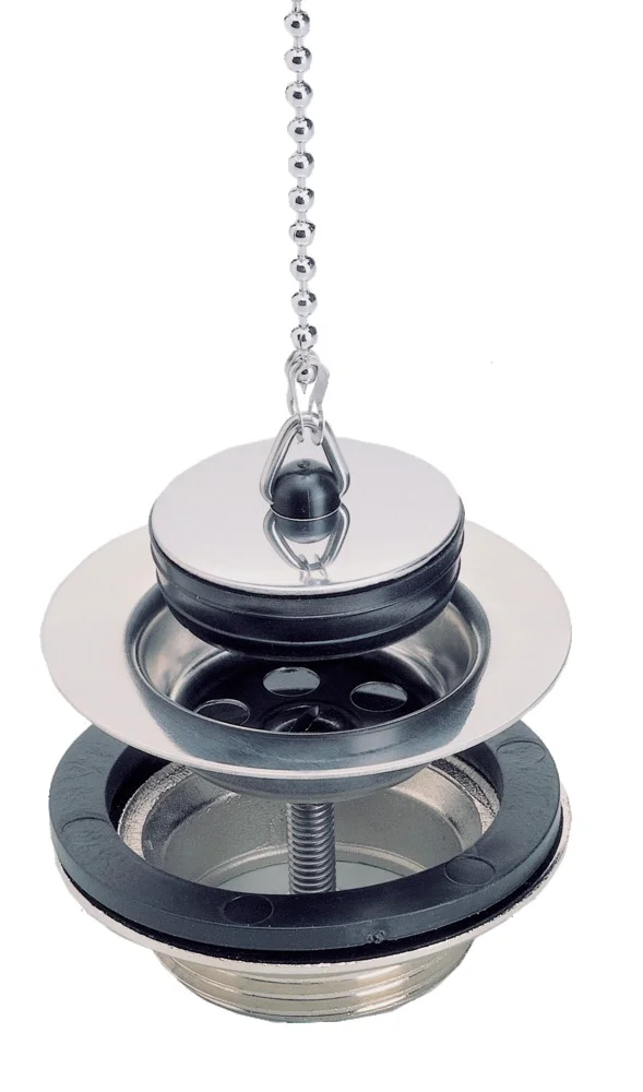 Bonde lavabo/bidet laiton chromé avec grille inox, bouchon et chaînette image