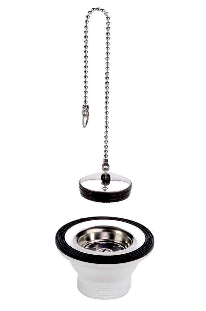 Bonde PVC évier inox avec grille inox, bouchon et chaînette image