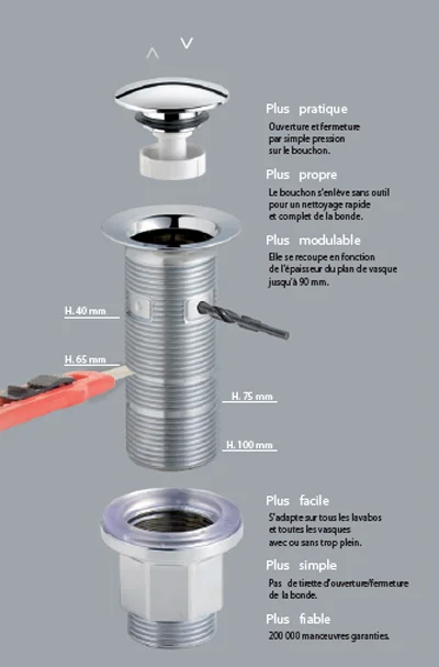 Bonde Up and down en ABS chromé avec et sans trop plein pour clapet cylindrique image