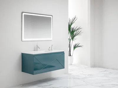 Ensemble meuble suspendu salle de bain 4 tiroirs Bleu -  Plan vasque excentré gauche ANCODESIGN - meuble suspendu + double vasque céramique + miroir LED image