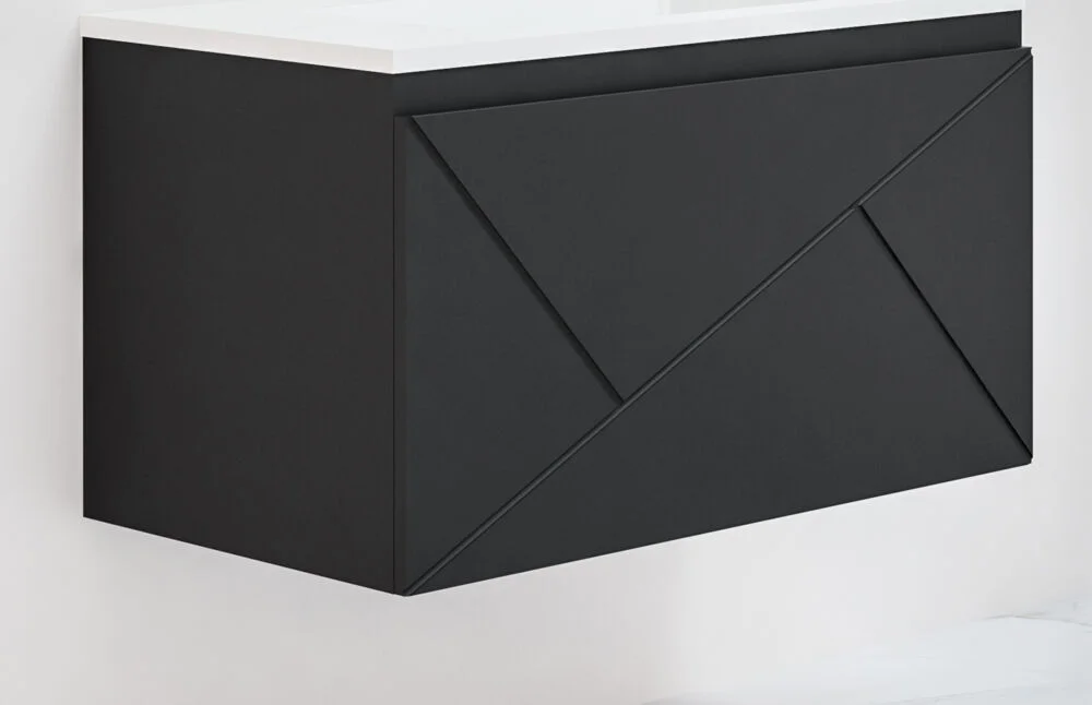 Ensemble meuble suspendu salle de bain 4 tiroirs Noir Mat - Plan vasque excentré gauche ANCODESIGN - meuble suspendu + double vasque céramique + miroir LED image