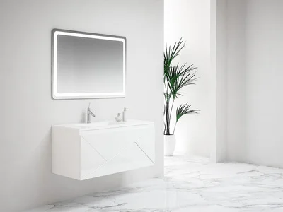 Ensemble meuble suspendu salle de bain 4 tiroirs Blanc Laqué - Plan vasque excentré gauche ANCODESIGN - meuble suspendu + double vasque céramique + miroir LED image