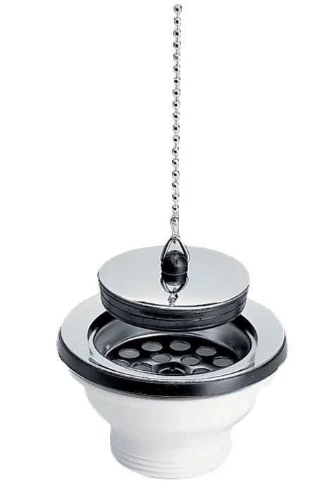 Bonde PVC évier grès/synthèse avec grille inox, bouchon et chaînette image