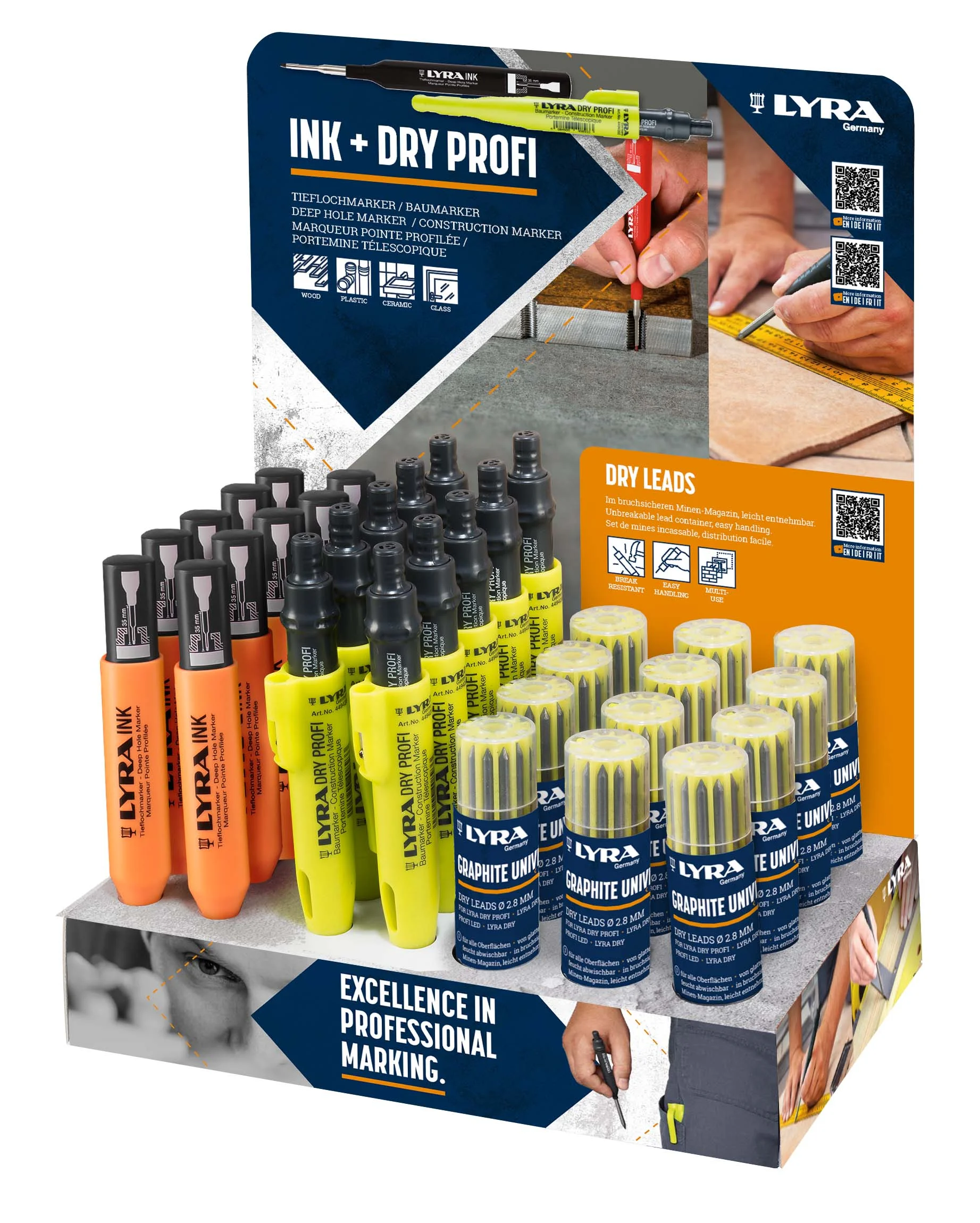 Display mixte de 10 LYRA DRY PROFI, 10 LYRA INK noirs, 12 recharges de mines graphites 2B image