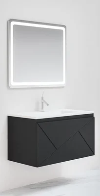 Ensemble meuble suspendu salle de bain 2 tiroirs noir mat - ANCODESIGN - meuble suspendu + simple vasque céramique + miroir LED image