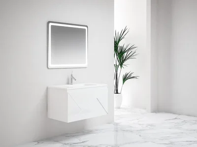 Ensemble meuble suspendu salle de bain 2 tiroirs blanc laqué - ANCODESIGN - meuble suspendu + simple vasque céramique + miroir LED image