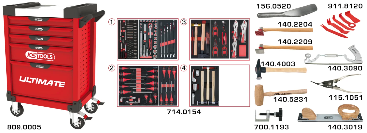 Servante ULTIMATE 5 tiroirs avec composition d’outils pour la carrosserie, 166 pièces image
