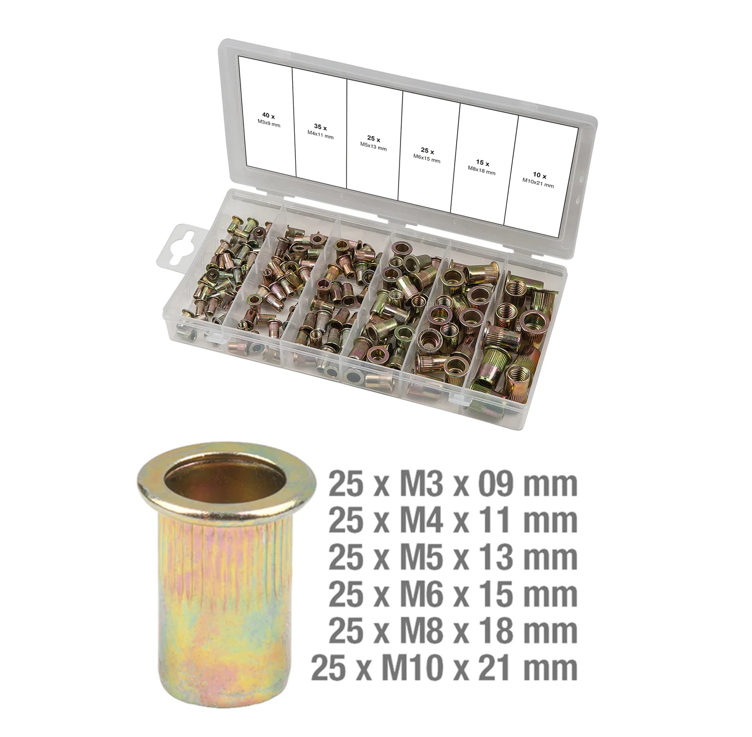 Assortiment d'inserts taraudés acier, 150 pcs image