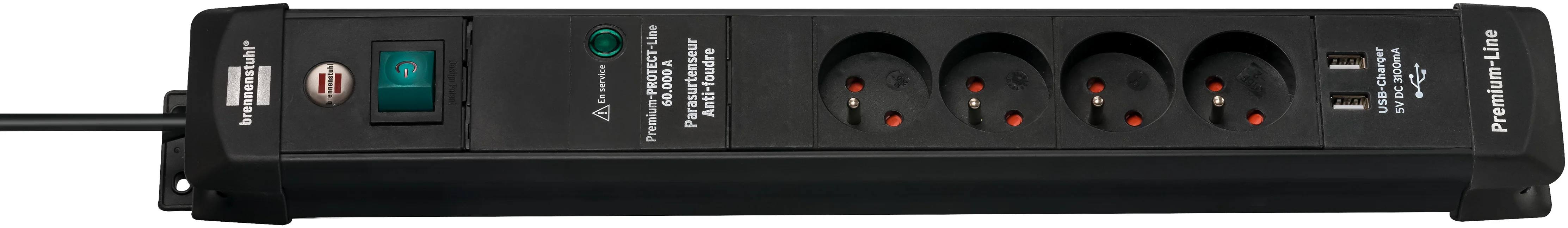 Multiprise Premium-Line avec ports USB, parasurtenseur 60000A, interrupteur - H05VV-F image