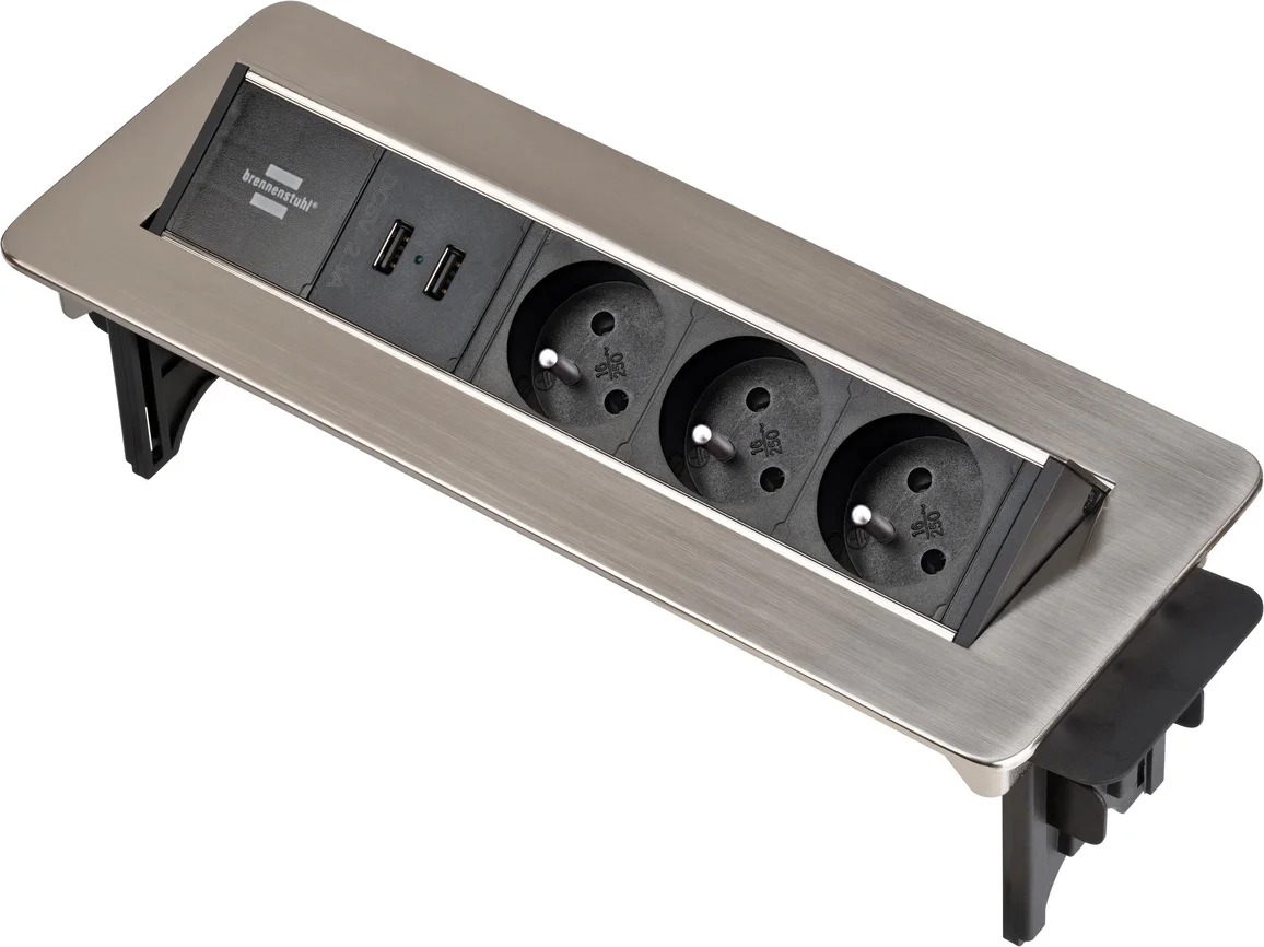 Multiprise Indesk Power pour plan de travail en aluminium H05VV-F 3G1,5 - 3 prises de courant et 2 ports USB image