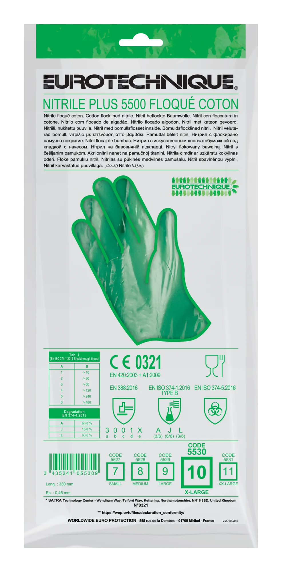 DELTA PLUS NITREX - Gant chimique protégeant l'avant bras. EN 388. Taille taille 9/10